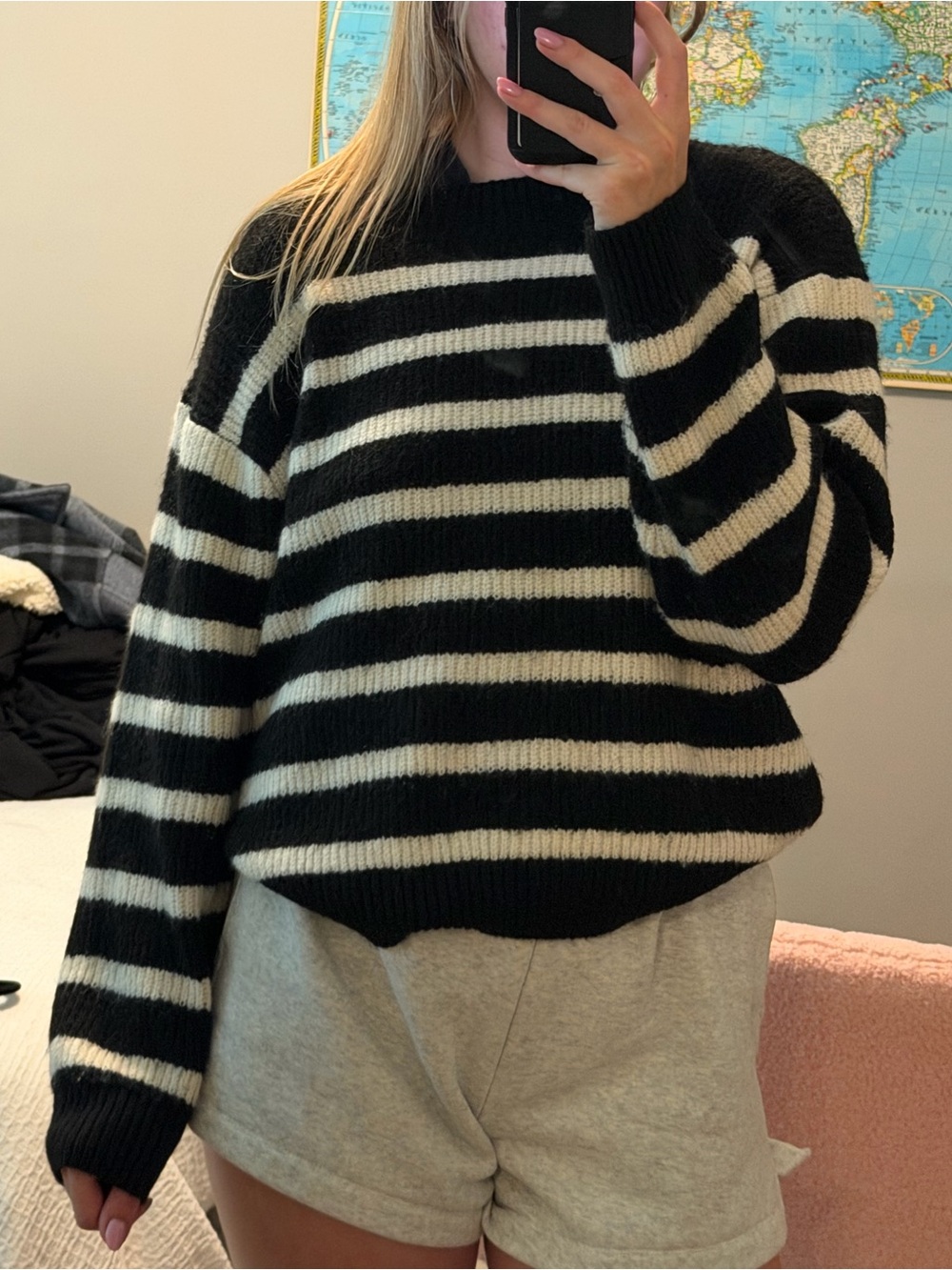 H&M Black and Cream Striped Crewneck Sweater